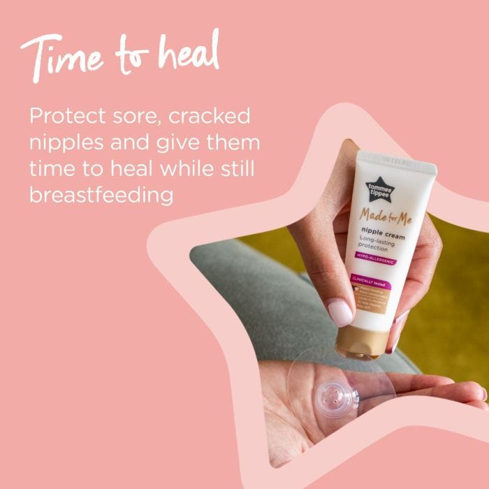 Woman holding a nipple shield and nipple cream alongside text about protecting sore and cracked nipples