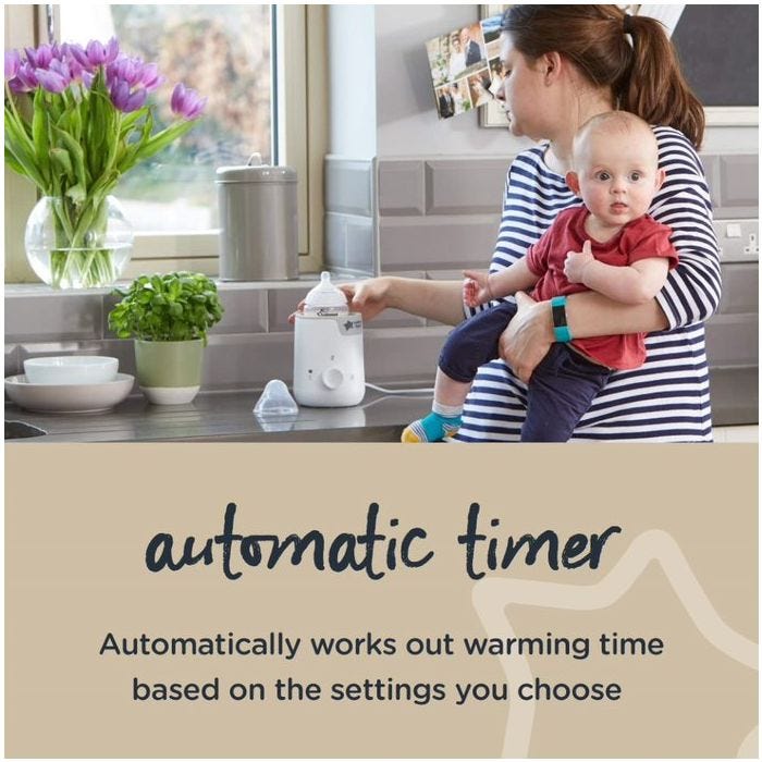 Mom removing baby bottle from Easi-Warm warmer with text about the automatic timer