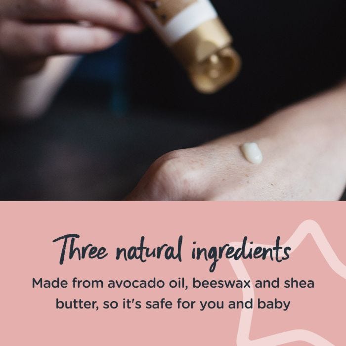 Person with nipple cream on their hand with text about the three natural ingredients it’s made of
