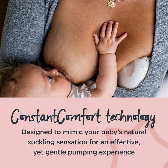 Mom breastfeeding from one breast and using the wearable pump on the other above text about ConstantComfort technology