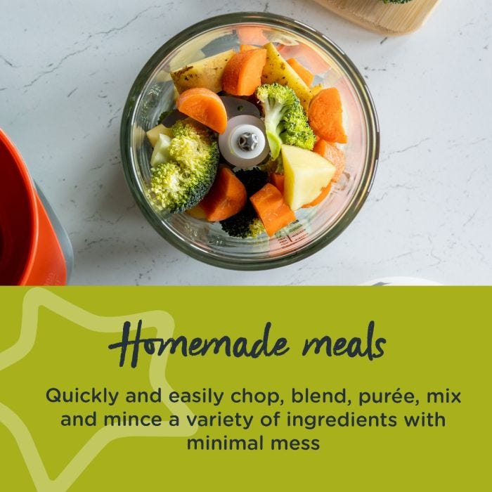 Aerial view of cooked vegetables inside the mini blender with text about making homemade meals