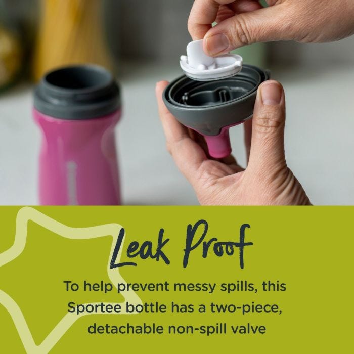 Someone removing the valve from a sportee bottle with text about how it’s leak proof