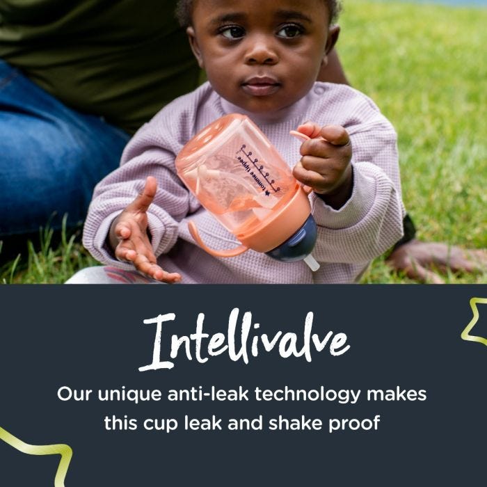 Little girl holding the weighted straw cup upside down with text about the leaf-proof Intellivalve