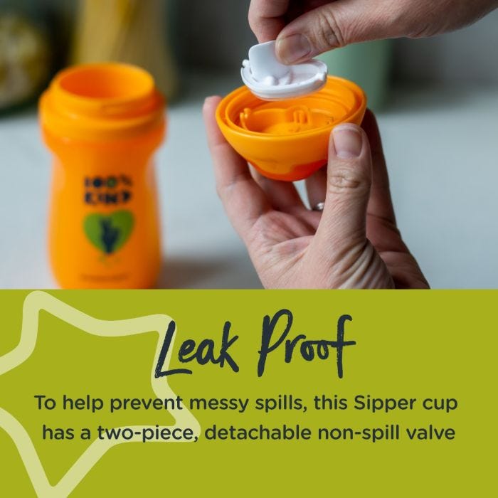 Someone putting the valve into the lid of their Sippee Cup with text about how it’s leak proof