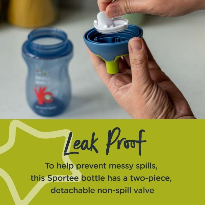 Someone removing the valve from a blue sportee bottle with text about how it’s leak proof