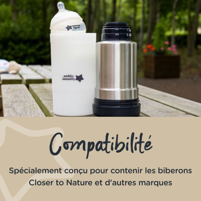 Thermos à côté d&apos;une base givrée et d&apos;un biberon avec un texte indiquant la compatibilité avec les biberons Closer to Nature