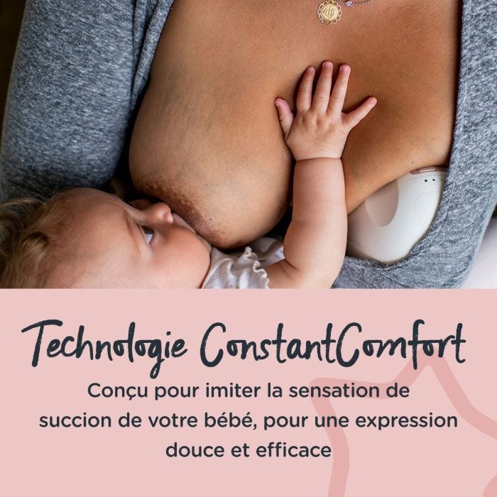 Maman allaitant d&apos;un sein utilisant le tire-lait portable de l&apos;autre, au-dessus du texte sur la technologie ConstantComfort
