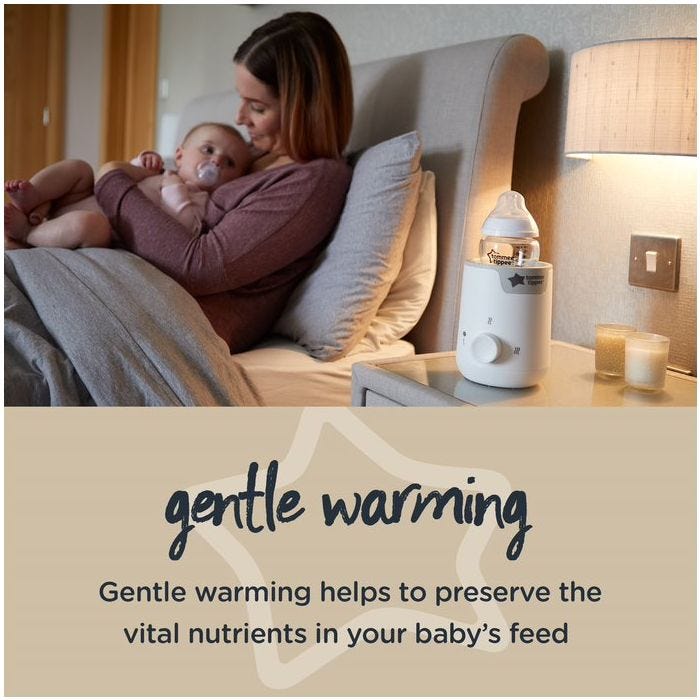 Mom sitting in bed with baby next to Easi-Warm warmer on bedside table above text about gentle warming