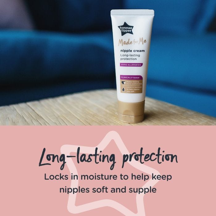 Nipple cream on coffee table with text about how it offers long lasting protection