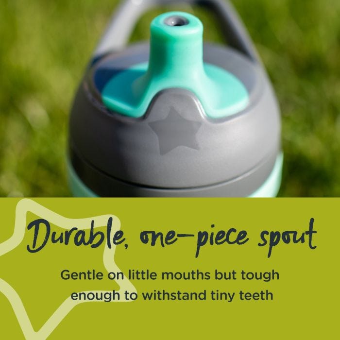 Close up of sportee bottle’s spout with text about how it’s durable and only one piece