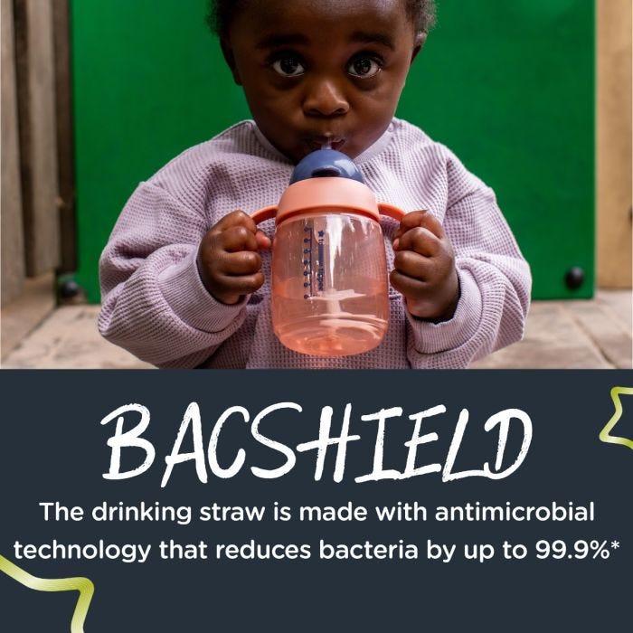 Little girl drinking from the weighted straw cup with text about Bacshield technology