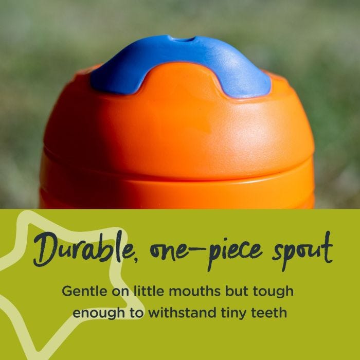Close up of a Sippee Cup’s spout with text about how it’s durable and only one piece