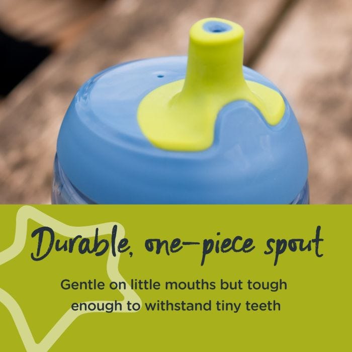 Close up of a sportee bottle’s spout with text about how it’s durable and only one piece