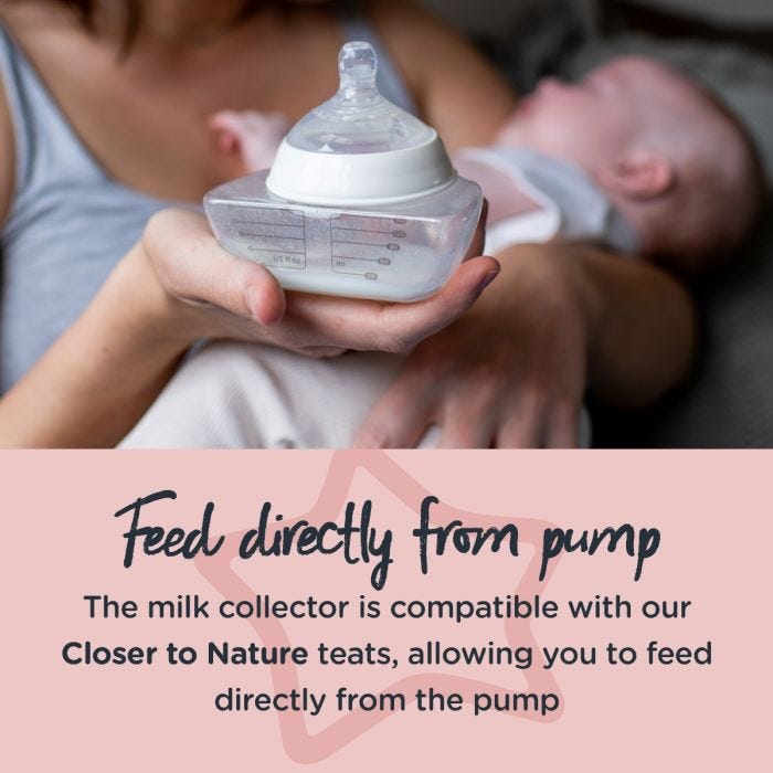 Mother holding baby and converted milk collector bottle with text about feeding directly from the pump