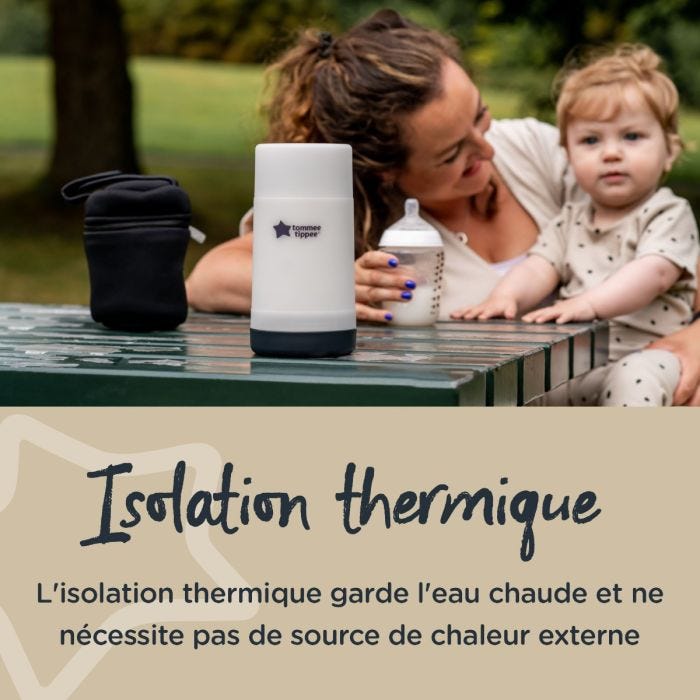 Femme assise sur un banc avec son bébé et un chauffe-biberon de voyage accompagné d&apos;un texte sur l&apos;isolation thermique