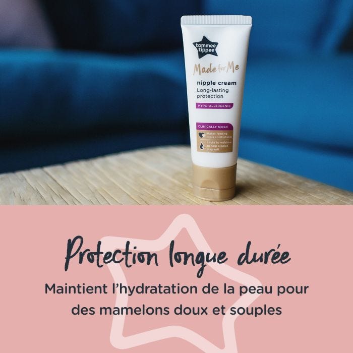Crème pour mamelons sur une table basse avec un texte expliquant qu&apos;elle offre une protection durable