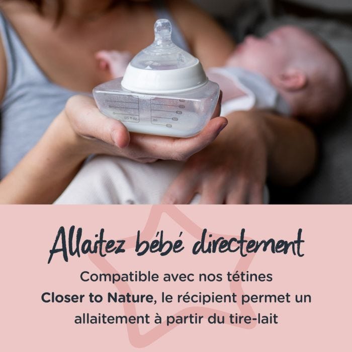 Mère tenant son bébé et un biberon collecteur de lait converti avec texte sur l&apos;allaitement directement à partir du tire-lait