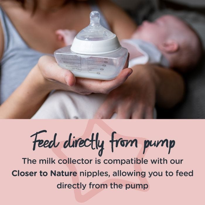 Mother holding baby and converted milk collector bottle with text about feeding directly from the pump