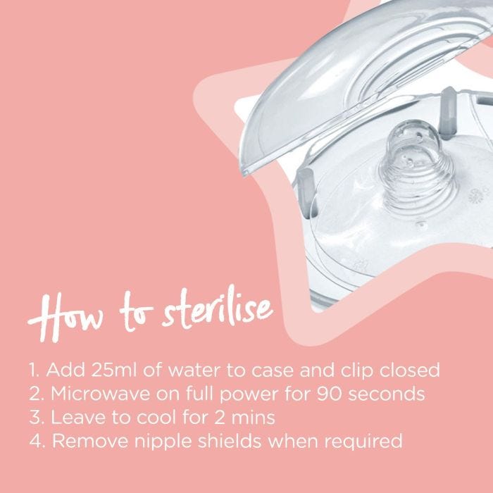 Nipple shields inside their storage case with a step-to-step guide on how to sterilise them