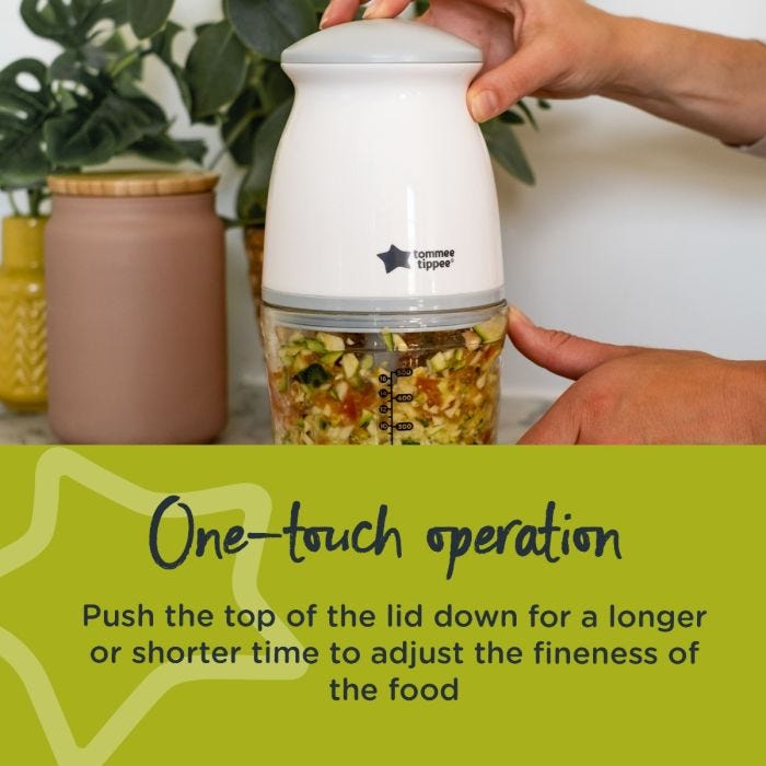 Person blending food in the mini blender with text about its one-touch operation