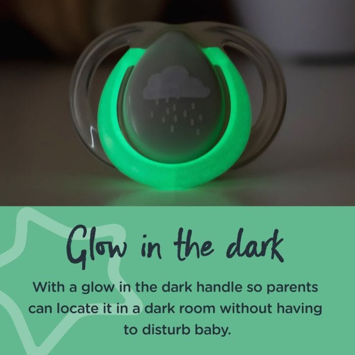 Nighttime pacifier with glowing handle alongside text that explains it glows in the dark.