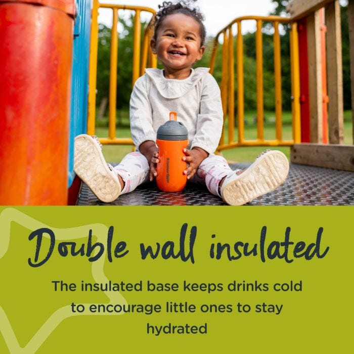 Little girl holding an orange straw cup with text about how it’s double wall insulate