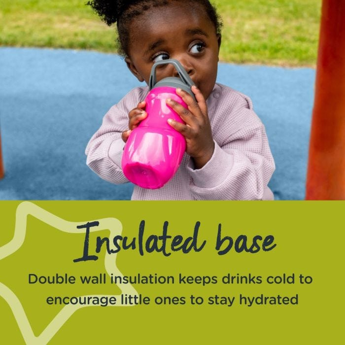 Litte girl drinking from pink sportee bottle with text about its insulated base