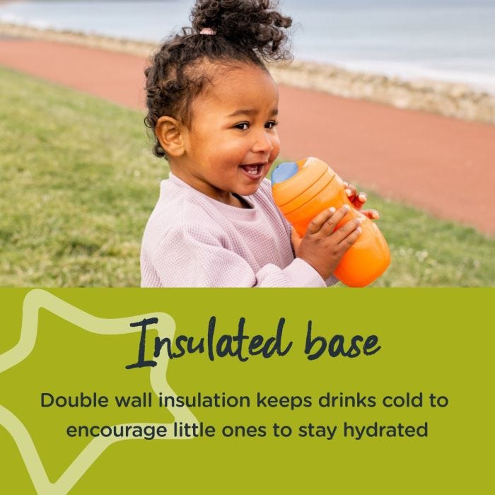 Little girl holding a Sippee Cup with text about the insulated base
