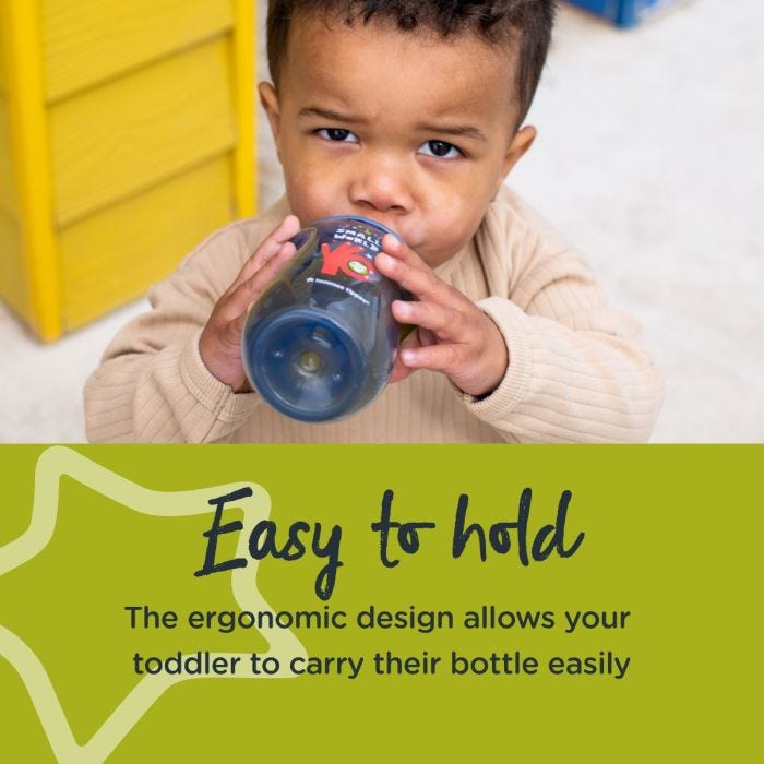 Little boy drinking from a blue sportee bottle with text about how it’s easy to hold