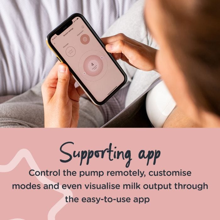 Mom pumping breastmilk while looking at her phone with text about gathering insights through the supporting app