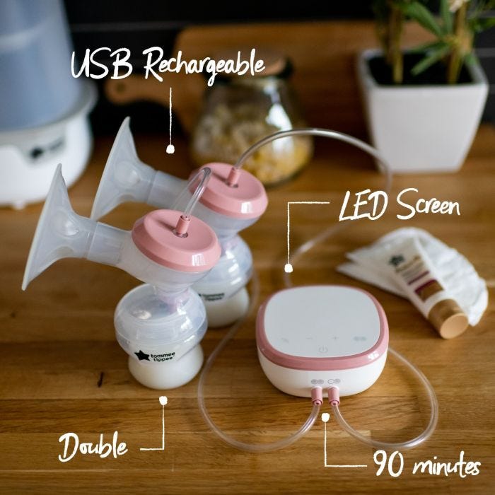 Double electric breast pump with power unit, breast pads and nipple cream with pointers of the pump’s key features