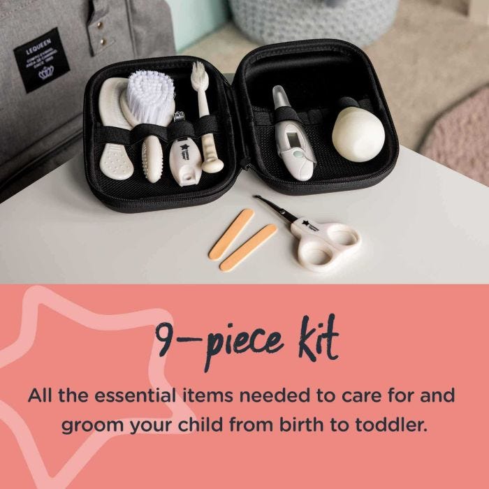 Baby healthcare kit accessories in open black travel case on a white table with text stating the kit contains 9 accessories.