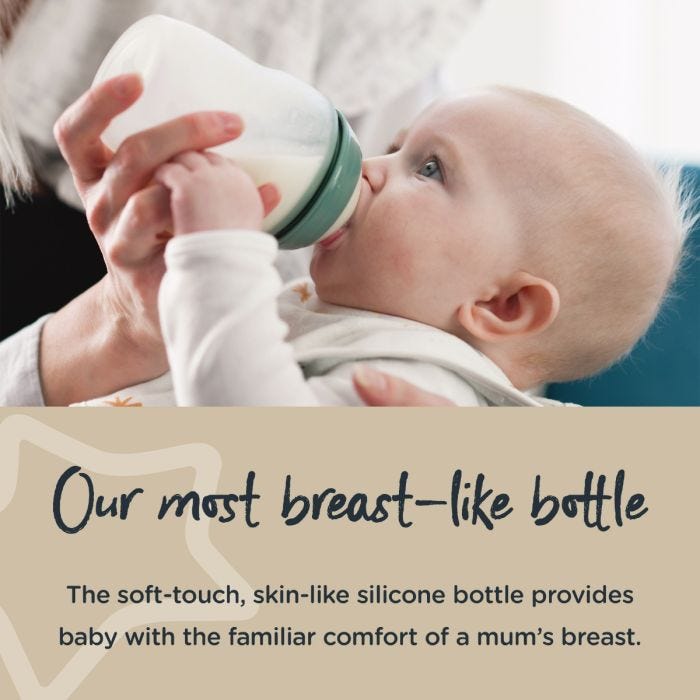 Baby drinking from silicone baby bottle with text describing this most breast-like bottle with soft-touch silicone.