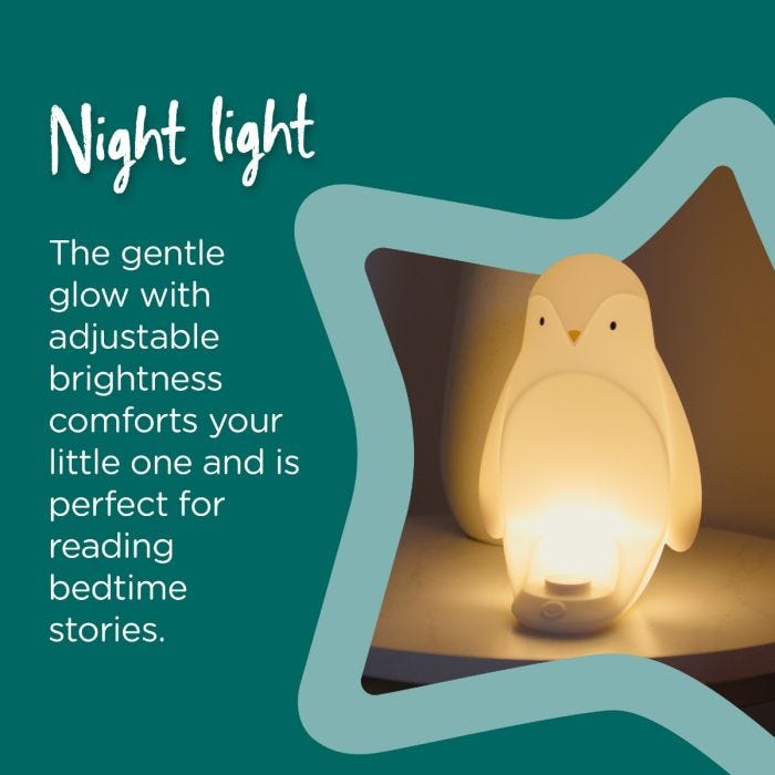 Night light illuminated on nightstand with text stating that the gentle glow helps sleep.