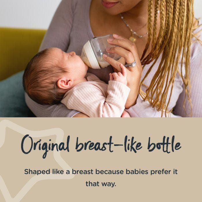 Mom feeding baby from a Closer to Nature bottle with text explaining this is the original breast-like bottle.