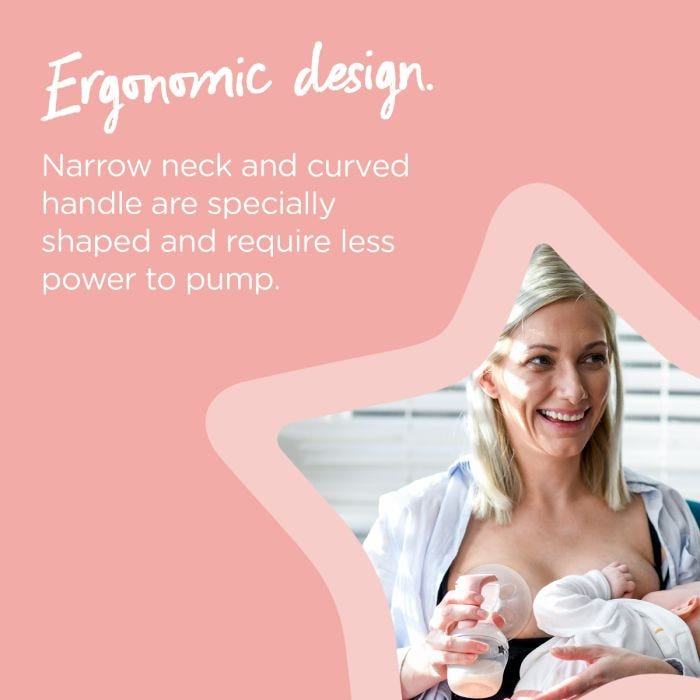 Mom breastfeeding baby and holding manual breast pump at other breast with text highlighting the ergonomic design of the pump.