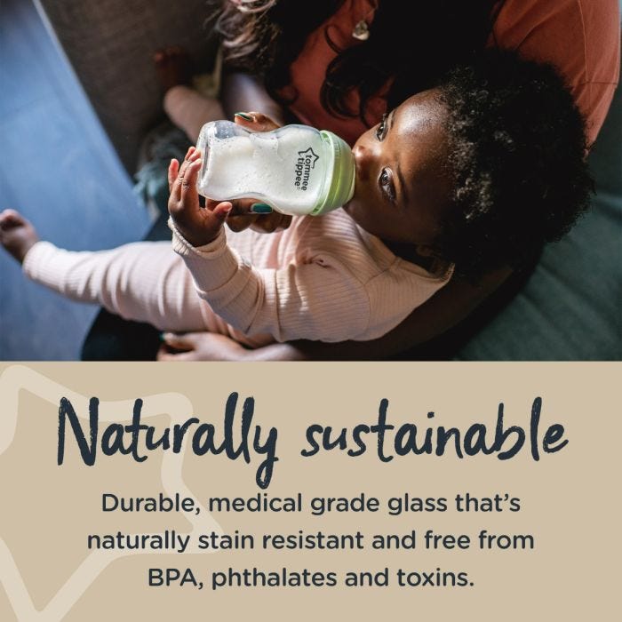 Baby drinking from glass baby bottle with text explaining these bottles are naturally sustainable and BPA and toxin-free.