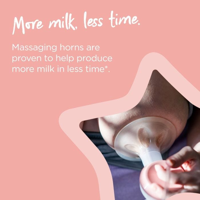 Breast pump flange placed over nipple on a pink background with text about expressing more milk in less time