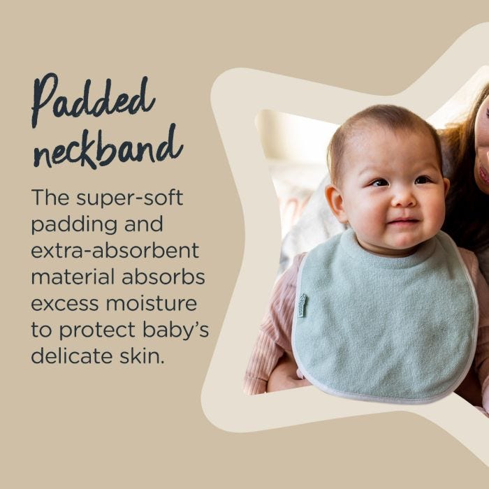 Baby wearing a green milk feeding bib with text describing how the passed neckband absorbs excess moisture to protect skin.