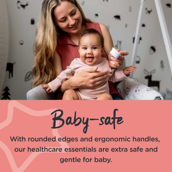 Baby sitting on mum’s knee having her hair brushed. Text describes how the accessories are baby-safe with rounded edges.