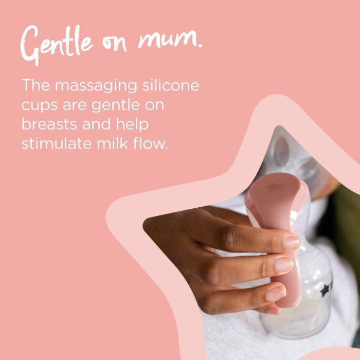 Mom using manual pump on one breast with text highlighting that the silicone flange is gentle on mom and helps stimulate milk flow.