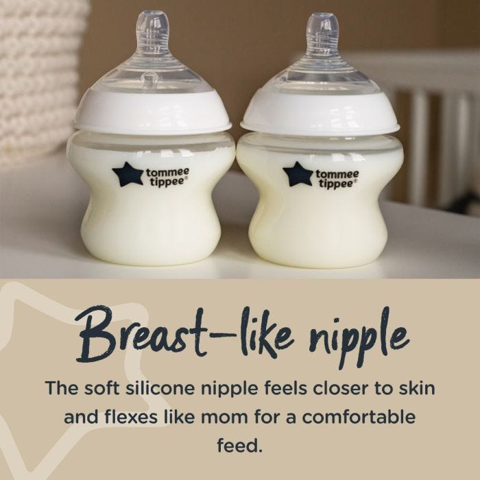 Close up of 2 5oz Closer to Nature baby bottles with text explaining the benefits of the breast-like nipple.