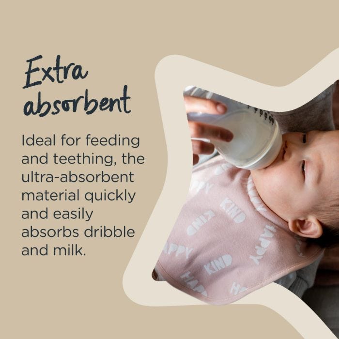 Baby wearing a pink milk feeding bib with text describing how the material is extra absorbent to ideal for teething and feeding.