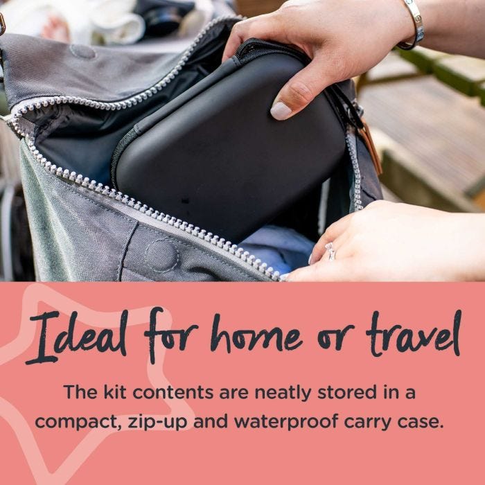 Zipped up healthcare kit travel case being placed into nappy bag. Text explains the carry case is compact and waterproof.