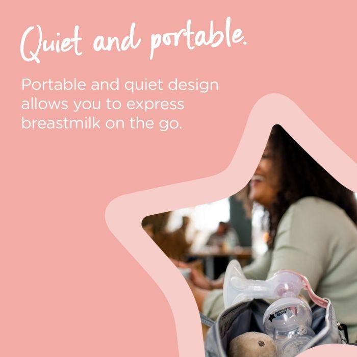 Mom sitting in café with manual pump peeping out of diaper bag alongside text highlighting that it’s quiet and portable.