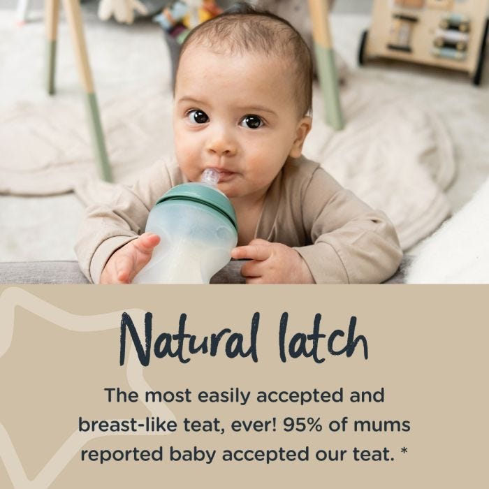 Baby holding silicone baby bottle in their mouth with text stating 95% of mums say baby accepted this teat.