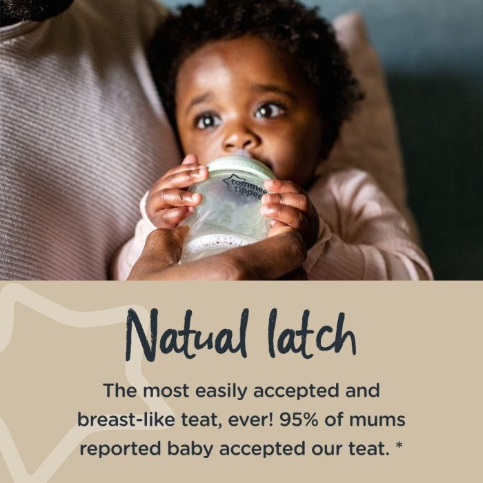 Baby in mom’s arms drinking from a Closer to Nature bottle with text below explaining the benefits of the breast-like teat.