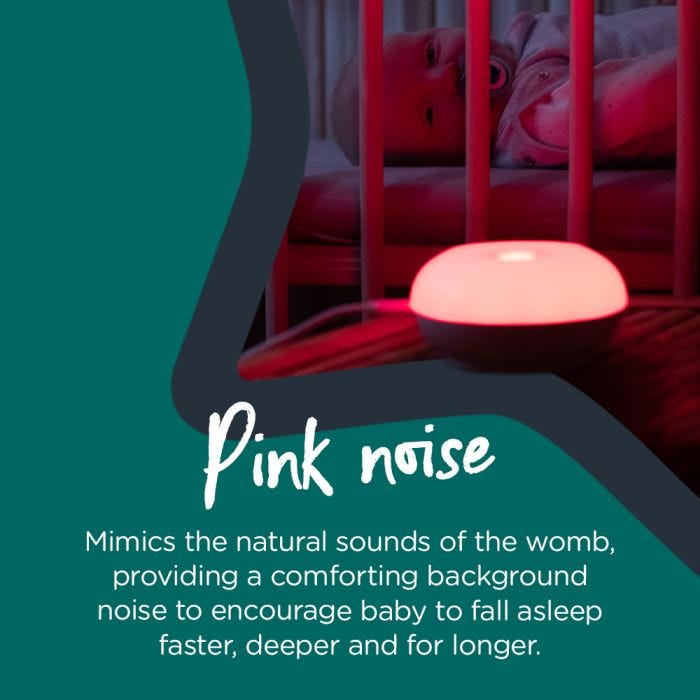 Dreammaker glowing red in a dark room with text about pink noise