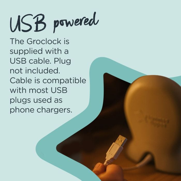 The back of the Grolock and a hand holding a USB cable with text explaining it is USB powered.