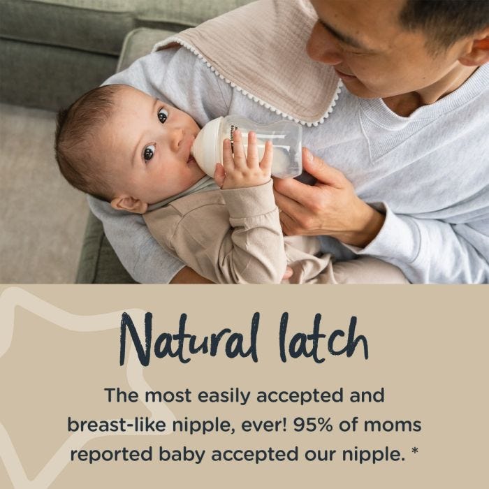 Dad feeding baby from a Closer to Nature baby bottle with text stating it has the most easily accepted and breast-like nipple, ever.